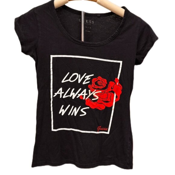 Guess Graphic T-shirt Short Sleeve Tee Black White Red Rose Stretchy Top XS - Picture 1 of 6